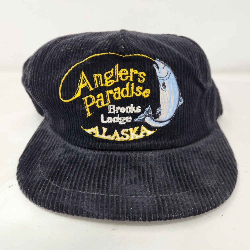Vintage Anglers Paradise Brooks Lodge Alaska Corduroy Snapback Hat Black USA